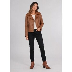 Takara‎ Biker Jacket Juniors Large Brown Faux Leather Vegan Asymmetrical Pockets